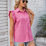 Ruffle Sleeve Button-Up Denim Shirt