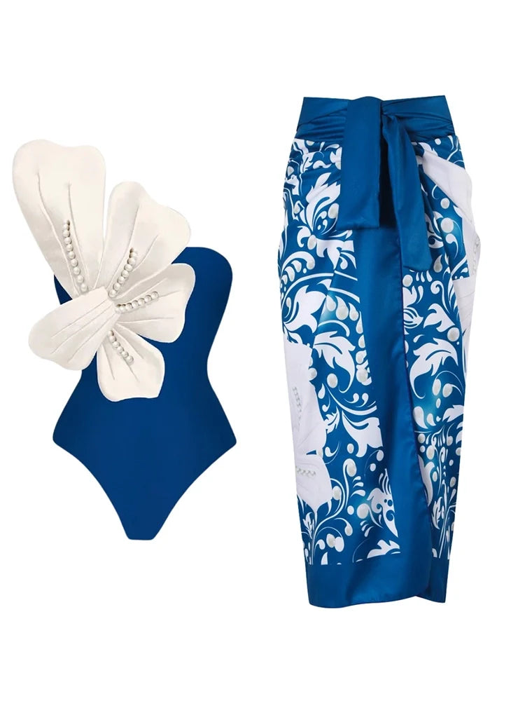 Blue Swimsuit Set Pearl Floral Accents