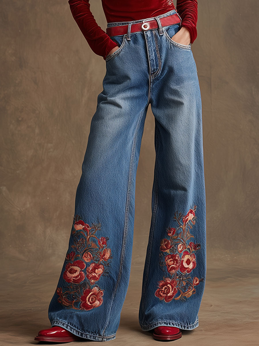 Casual Retro Floral Embroidered Wide-leg Blue Jeans
