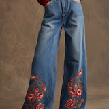 Casual Retro Floral Embroidered Wide-leg Blue Jeans