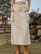 Vintage-Inspired Denim Cargo Midi Skirt