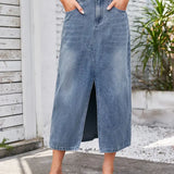 Washed Elastic Waist Denim Midi Skirt