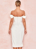 Cap Shoulder Corset Bodycon Midi Dress - White
