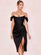 Cap Shoulder Corset Bodycon Midi Dress - Black