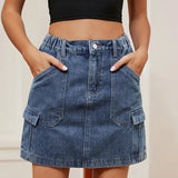 Washed Utility Pocket Denim Skirt