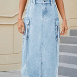 Washed Elastic Waist Tie-Detail Cargo Skirt