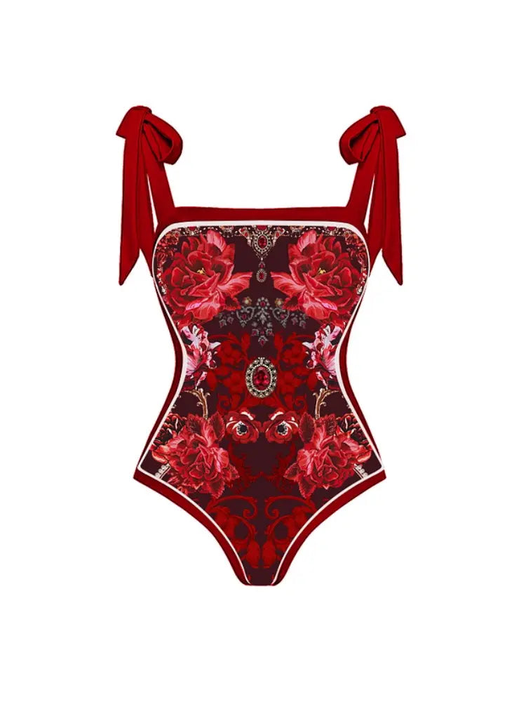 Red Floral Bow Tie Swimsuit Set