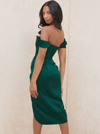Cap Shoulder Corset Bodycon Midi Dress - Dark Green