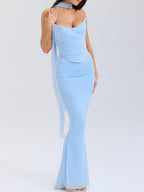 Blue Strapless Bodice and High Waist Skirt with Tie Set