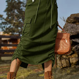 Drawstring Elastic Waist Cargo Midi Skirt