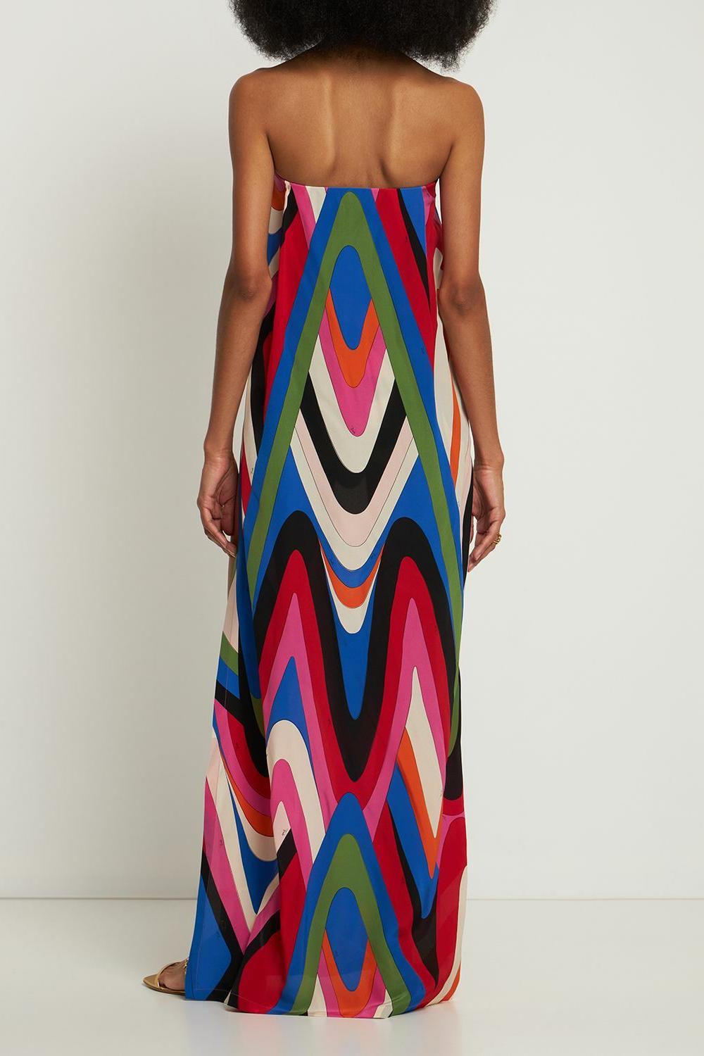 Strapless Side Slit Moiré Print Dress