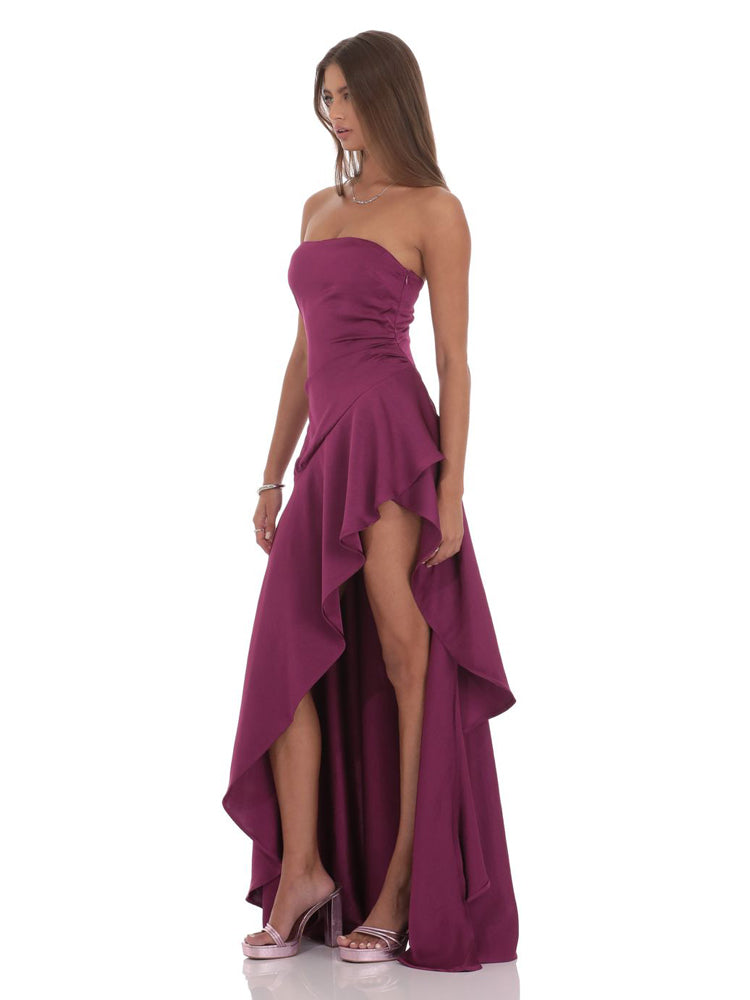 Strapless High-Shine Satin Asymmetric Slit Gown