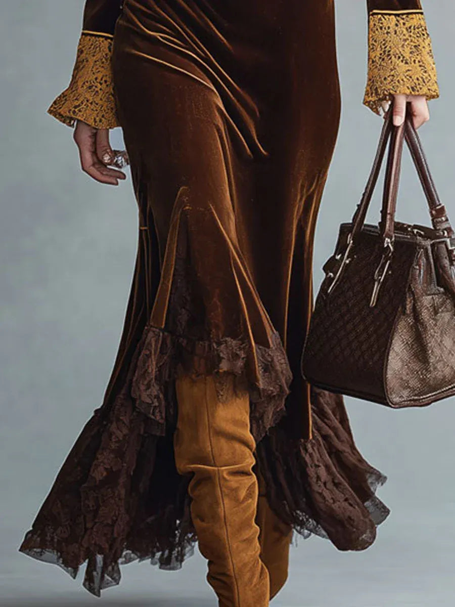 Fashionable Retro Lace Half-Zip Cocoa Brown Velvet Fishtail Dress