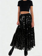 Black Sequin Tulle Midi Skirt