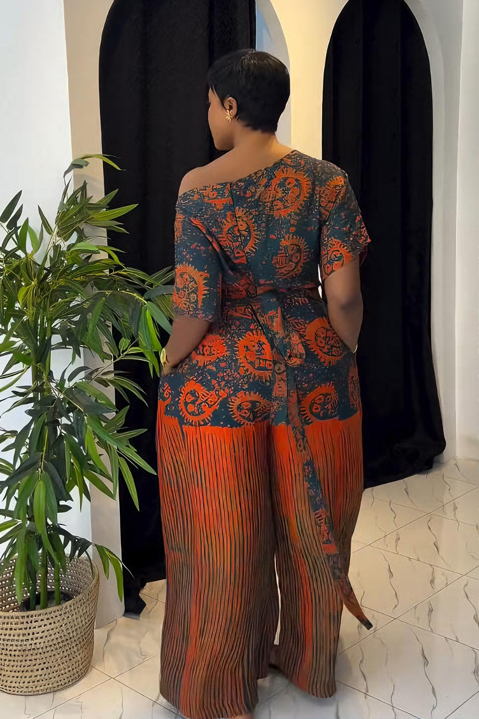 Sunset Ankara Tie-Waist Palazzo Jumpsuit