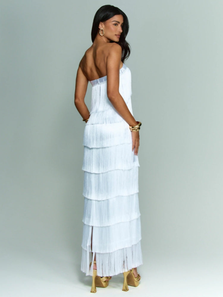 Strapless Fringe Satin Gown