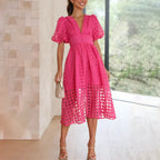 Cindy - Classic Patterned Puff Sleeve Midi Dress