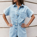 Mini Denim Cuffed-Romper-Blue