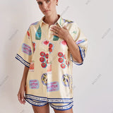 Casual Cartoon Print Collar Cardigan & Shorts Set