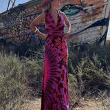 Tie-dye Print V-neck Cross Back Straps Stretch Maxi Dress