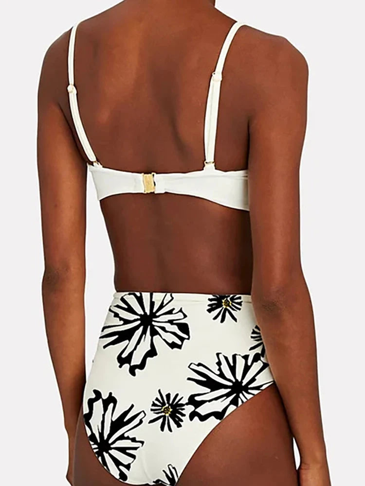 Floral Trim White Printed Bikini Set