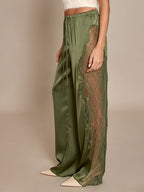 Deep Olive Satin Lace-Trim Drawstring Pants