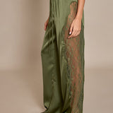 Deep Olive Satin Lace-Trim Drawstring Pants