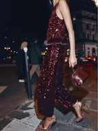 Sequined Faux Fur Hem Top & Pants Set
