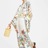 Fine Satin Floral Print Batwing Sleeve Pants Set - White