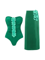 Green 3D Floral Strapless Swimsuit
