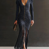 Midnight pleated tassel V-neck fitted button Bodycon Dress