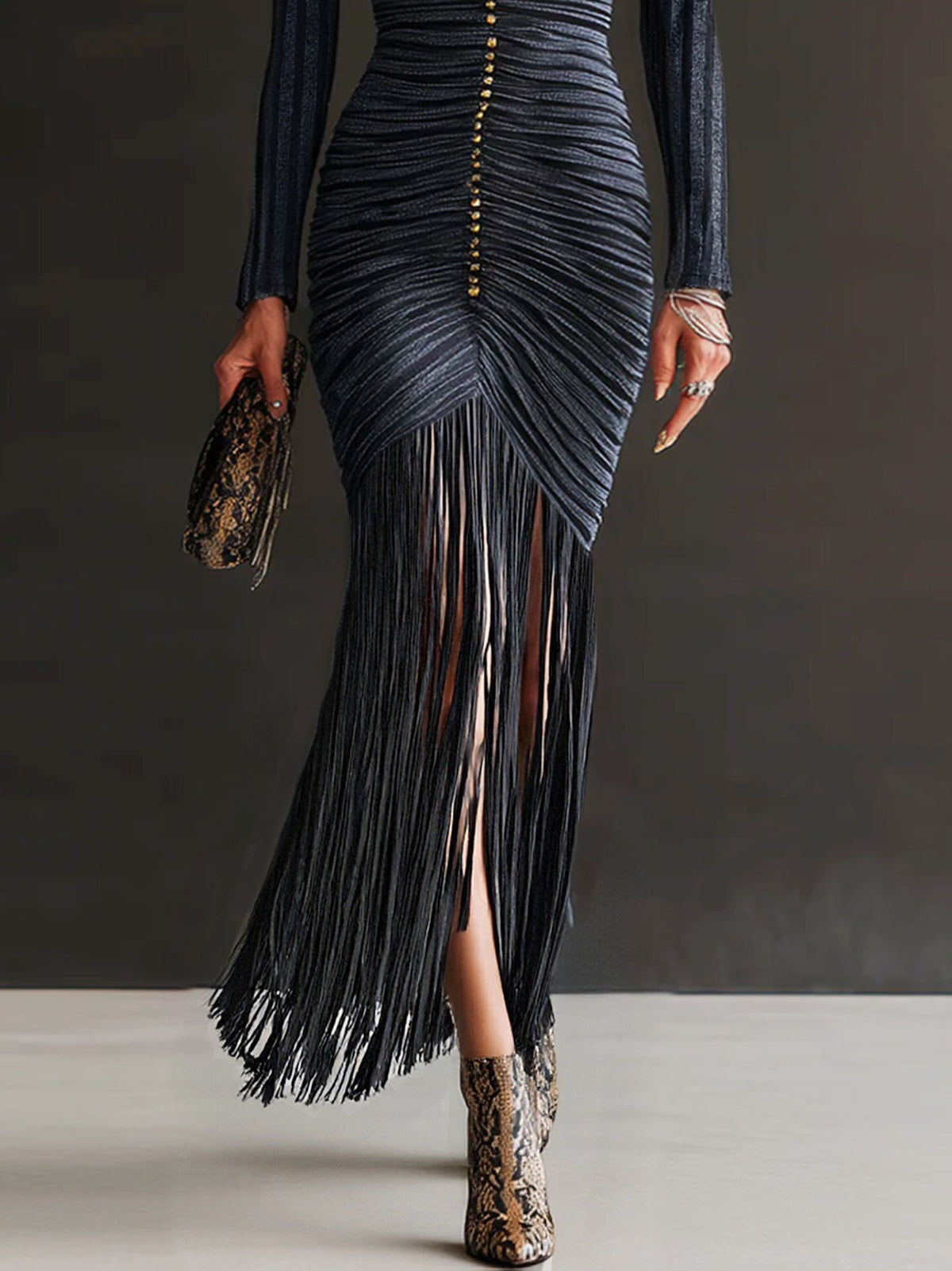 Midnight pleated tassel V-neck fitted button Bodycon Dress