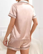 Satin Lapel Button Front Contrast Tie Pajama Set