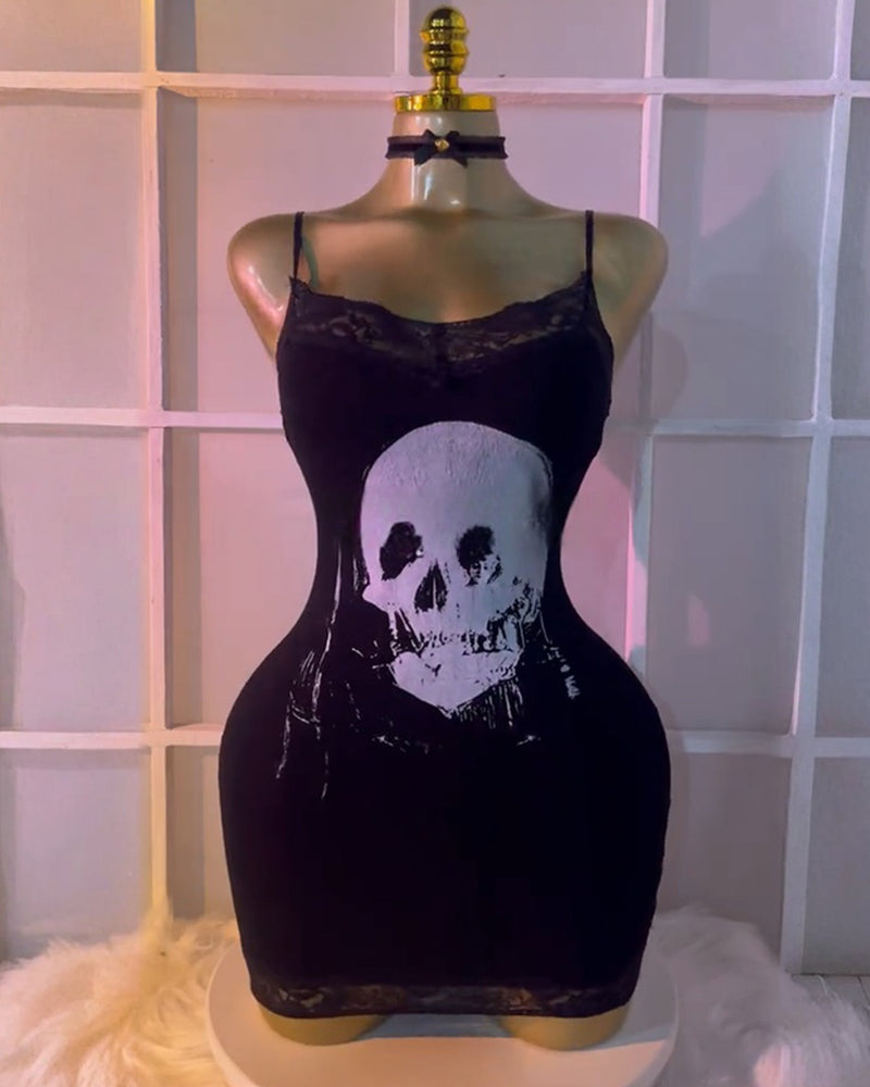 Black Skull Sexy Suspender Lace Dress