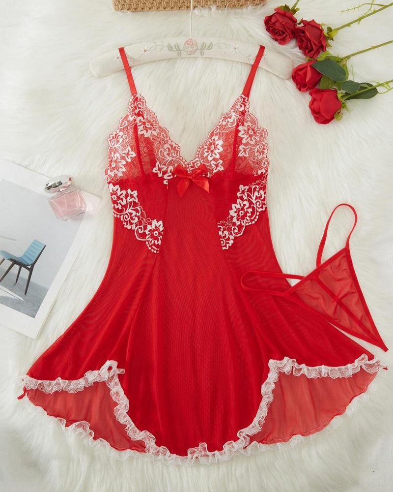 Sexy Deep V Contrast Lace Mesh Bow Decoration Suspender Nightdress (With Thong)