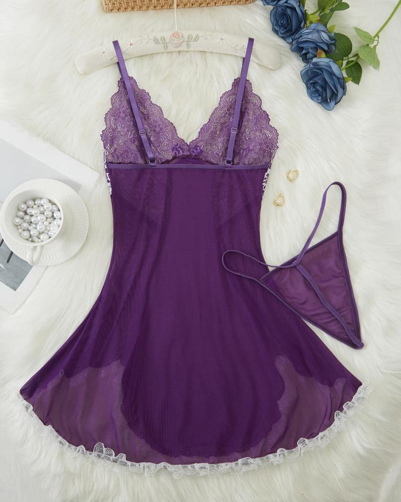 Sexy Deep V Contrast Lace Mesh Bow Decoration Suspender Nightdress (With Thong)