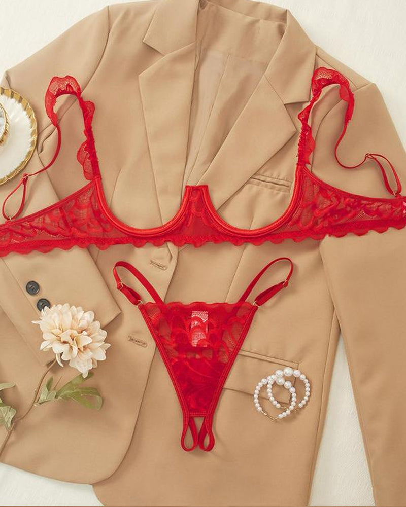 Women's Lace Sexy Underwire Spaghetti Straps Adjustable Bra and Open Crotch Design Thong Set