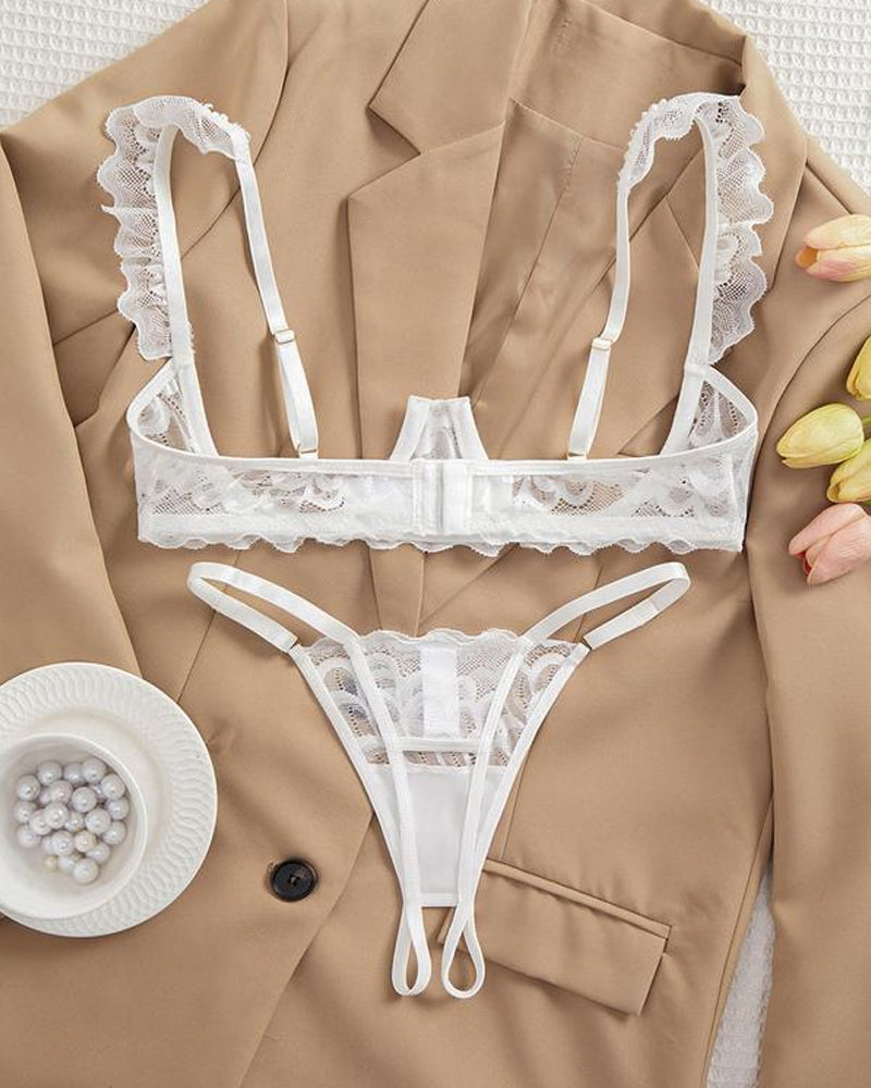 Women's Lace Sexy Underwire Spaghetti Straps Adjustable Bra and Open Crotch Design Thong Set