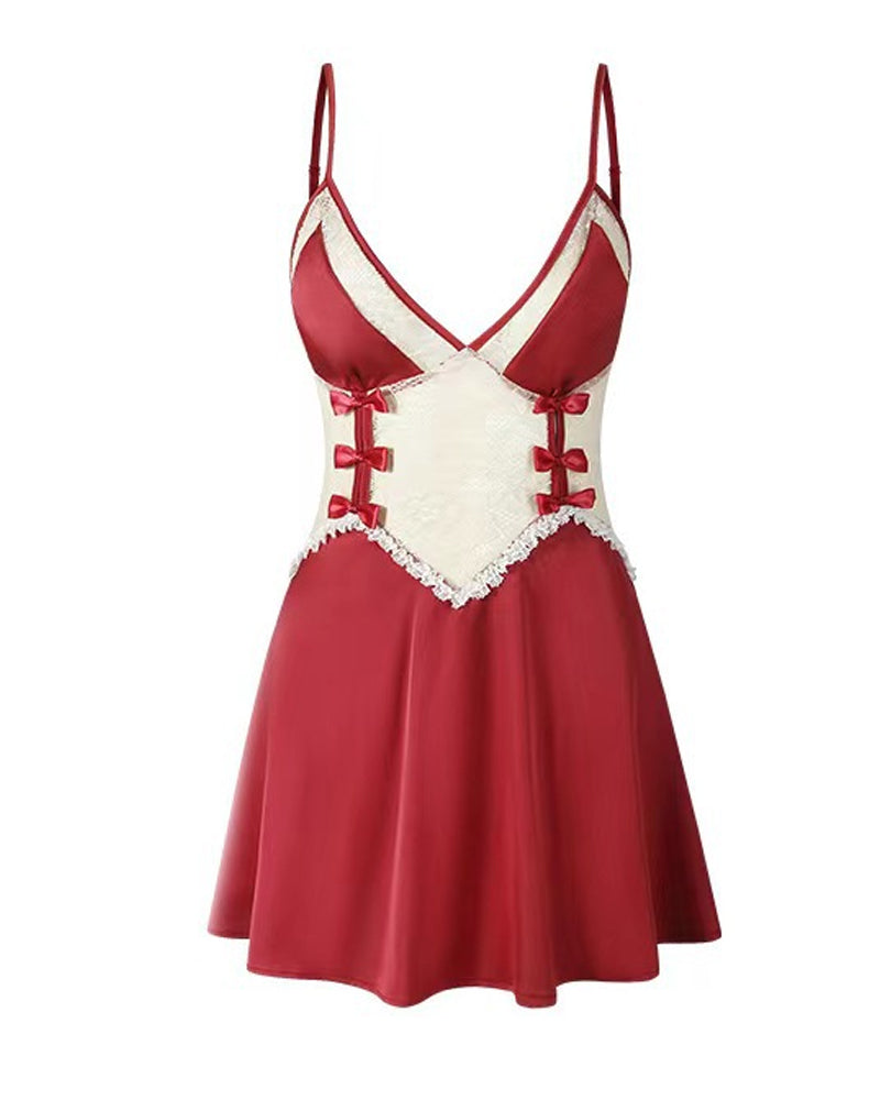 Women's V-Neck Lace Colorblock Ice Silk Bow Design Suspender Nightdress
