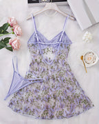 Women's Sexy Butterfly Embroidery Mesh Suspender Nightdress and Thong Set