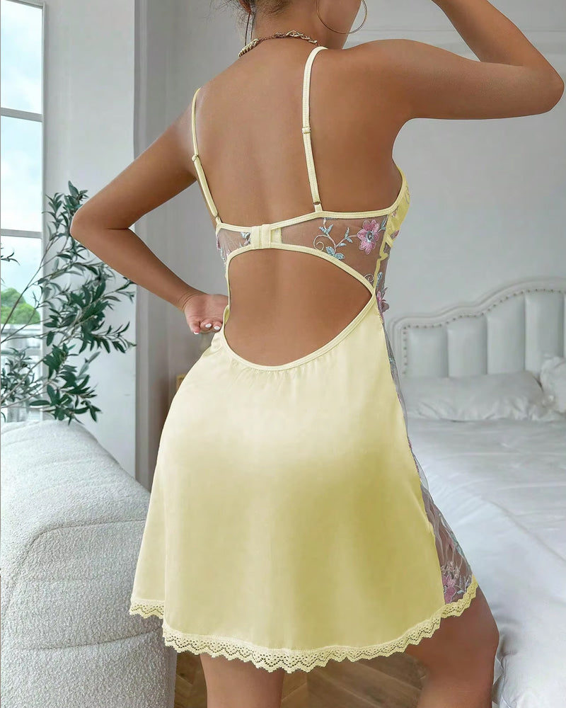 Women's Floral Eyelet Embroidery Lace Edge Satin V-Neck Suspender Nightdress