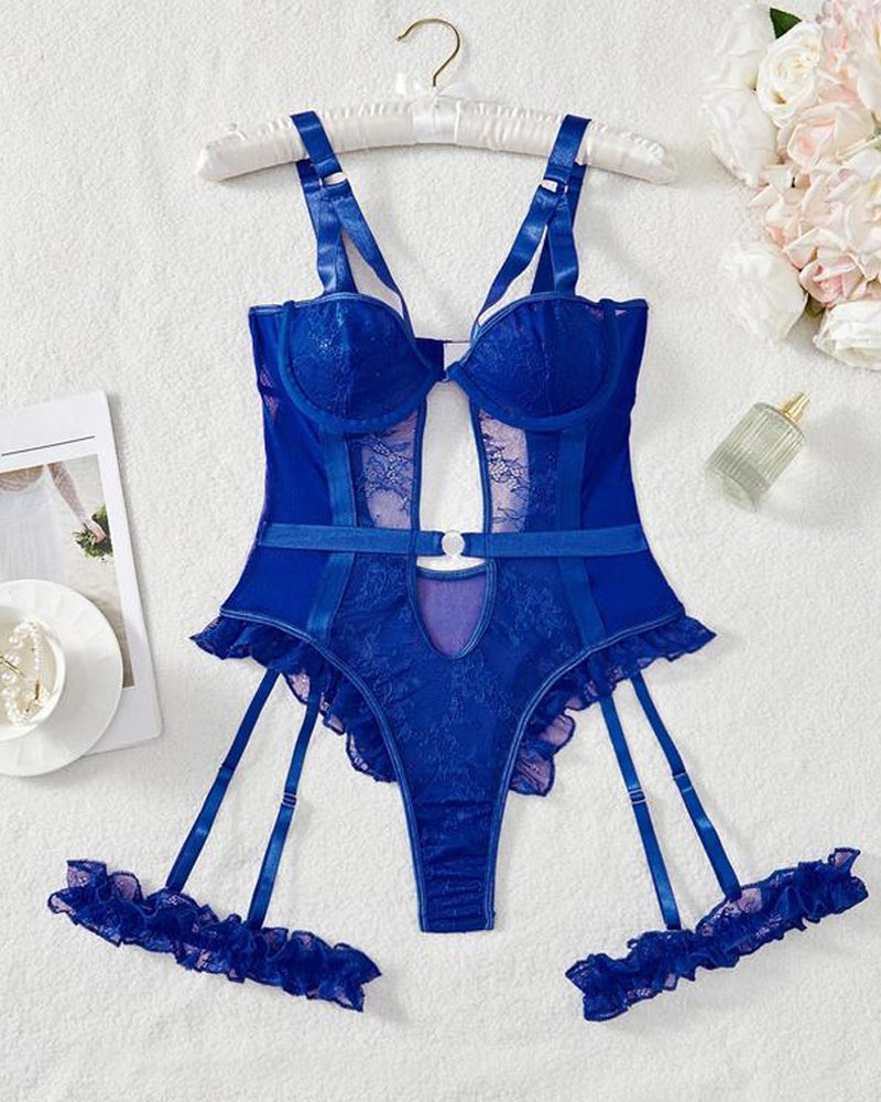 Sexy Lace Mesh Backless Ruffled Decoration Hollow Ring Buckle One-Piece Pajamas