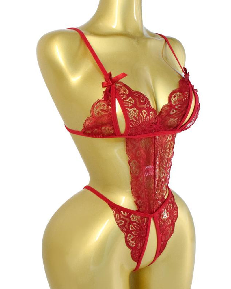 Women's Sexy Hollow Translucent Floral Lace Backless One-Piece Pajamas