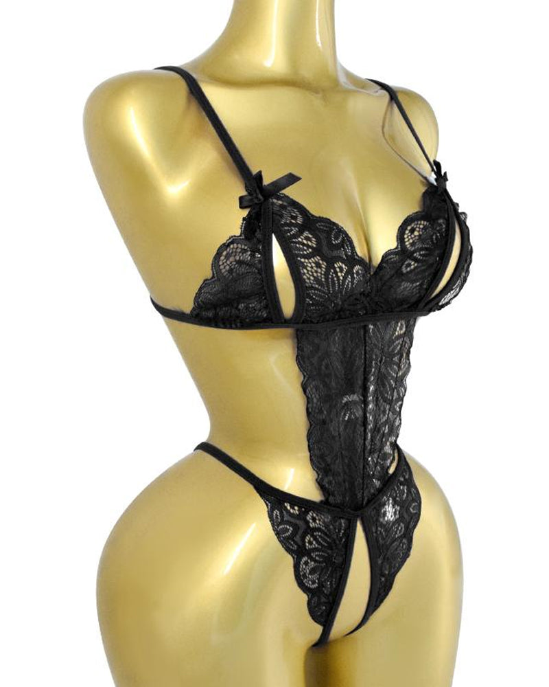 Women's Sexy Hollow Translucent Floral Lace Backless One-Piece Pajamas
