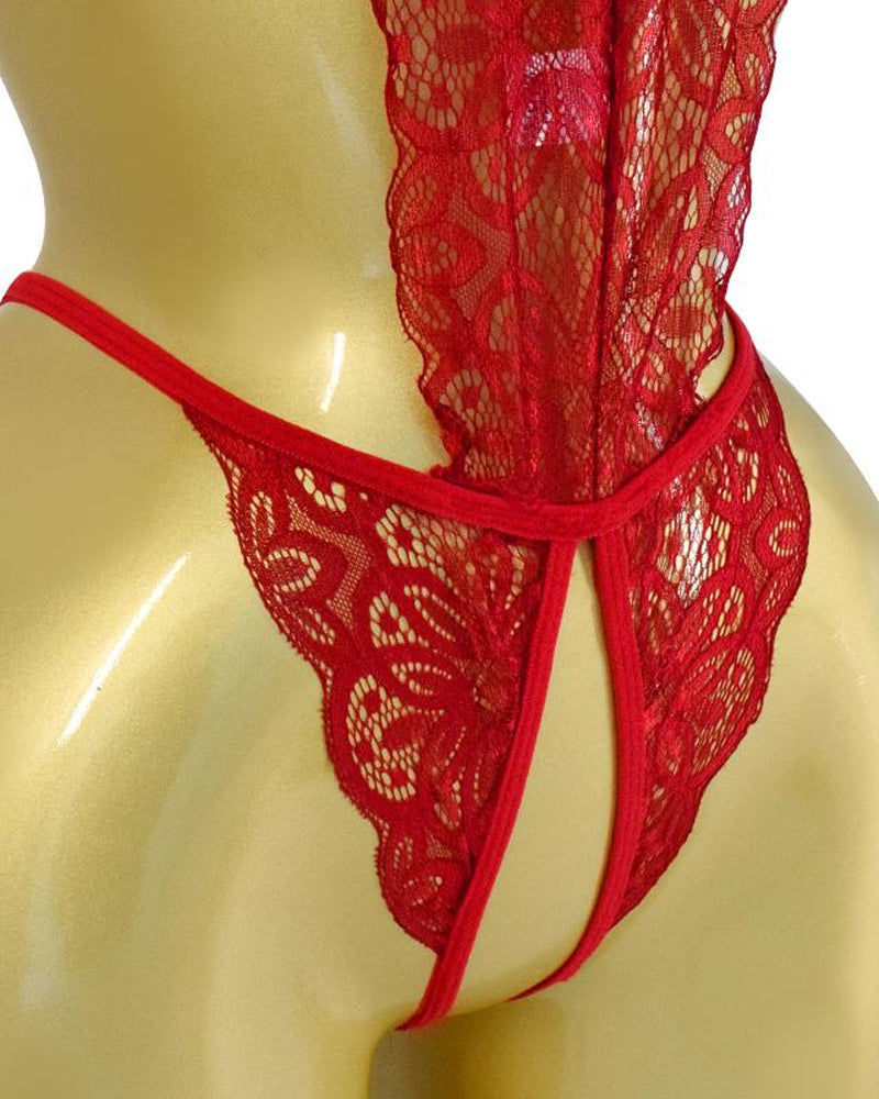 Women's Sexy Hollow Translucent Floral Lace Backless One-Piece Pajamas