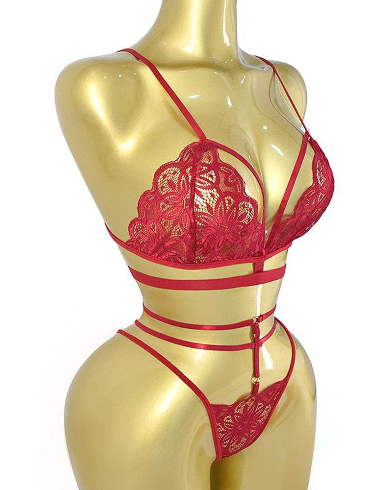 Women's Floral Lace Sexy Adjustable Strap Bra and Thong Set