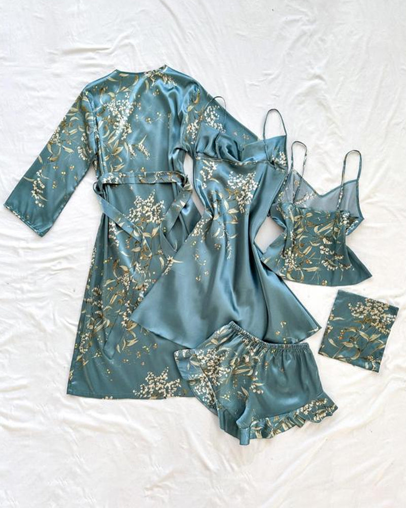 Women's Satin Printed Suspender Top Shorts Suspender Dress Nightgown Home Clothes Five-Piece Set
