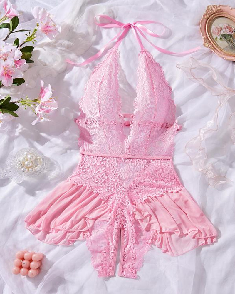 Sexy Hollow Lace See-through Suspenders Open Crotch One-piece Pajamas