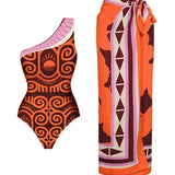 One Shoulder Ethnic Print Swimsuit