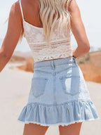Washed Denim Pleated Midi Skirt